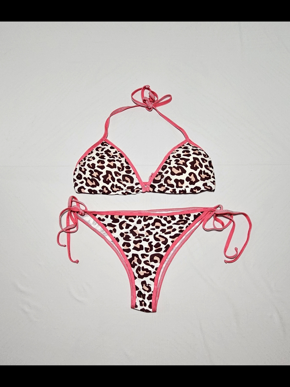 Y2K Leopard Print Bikini Set • Womens XL Pink Trim Tie Side Swimsuit